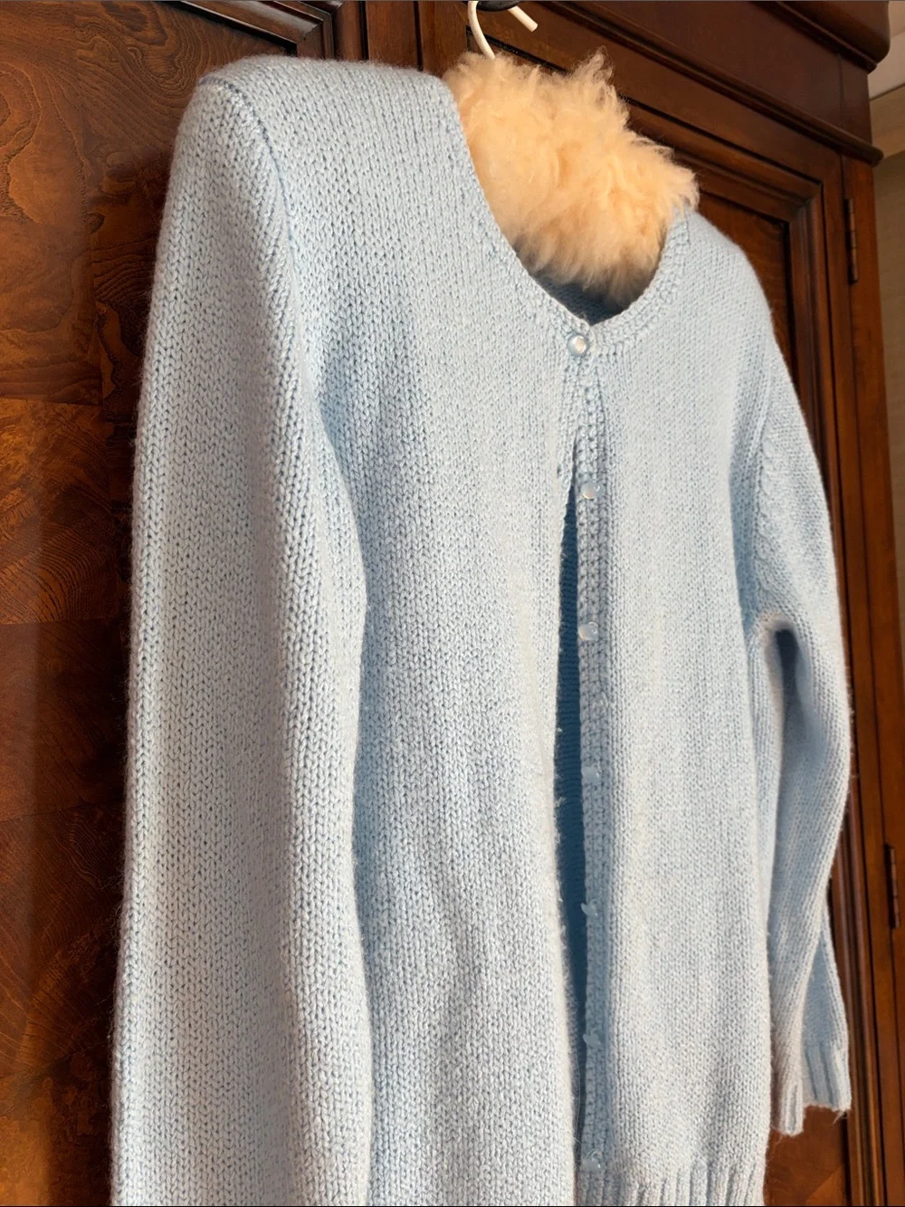 Vintage 90s Leon Levin Hand Loomed Round Neck Light Blue Cardigan - Size L